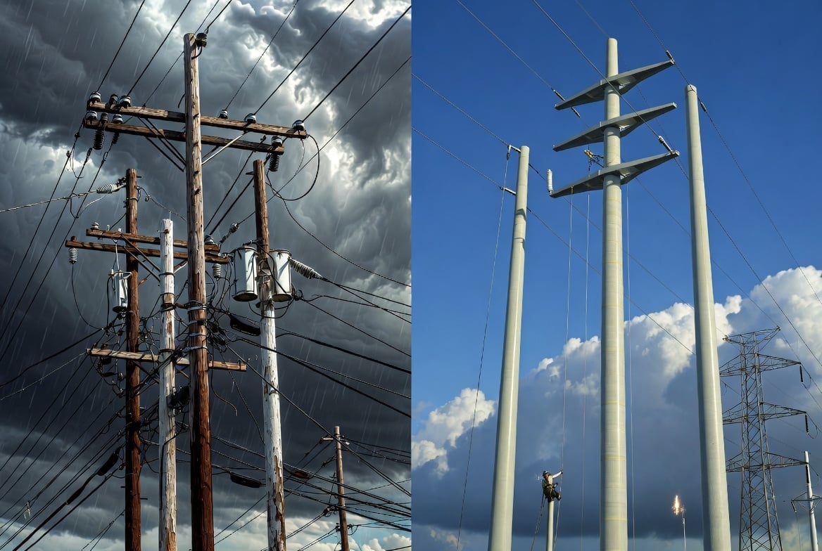 Modern composite utility poles and fiberglass crossarms replacing old wooden poles – lightweight, corrosion-resistant pultruded FRP solutions for grid modernization